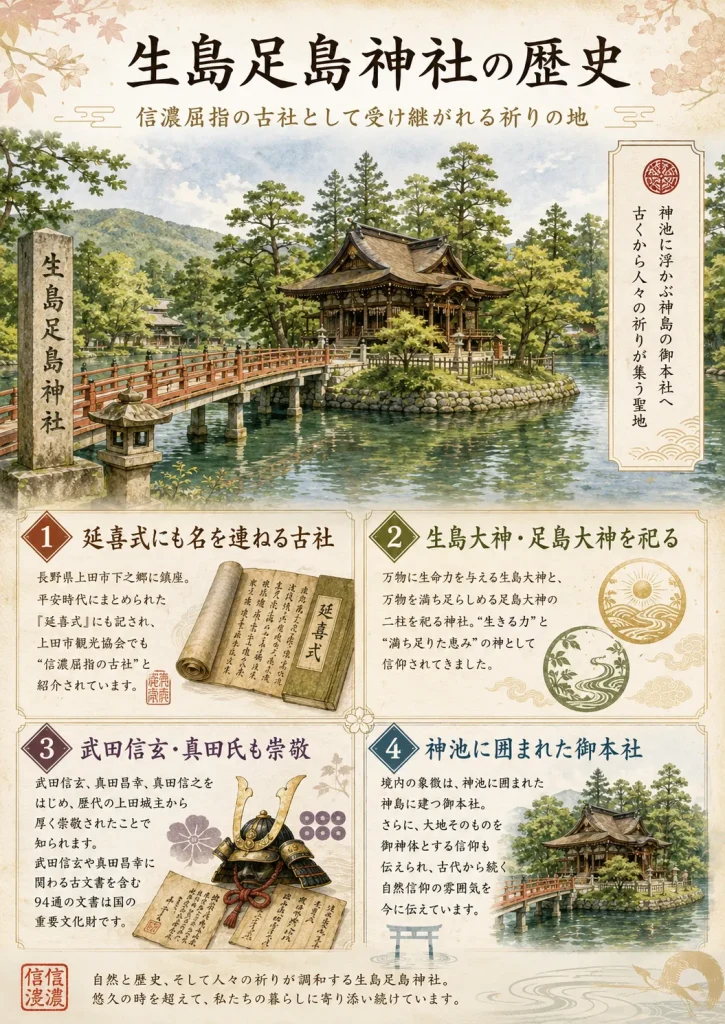 生島足島神社の歴史を解説するイラスト。長野県上田市の神池に囲まれた御本社、延喜式に名を連ねる古社、武田信玄・真田氏ゆかりの重要文化財を紹介