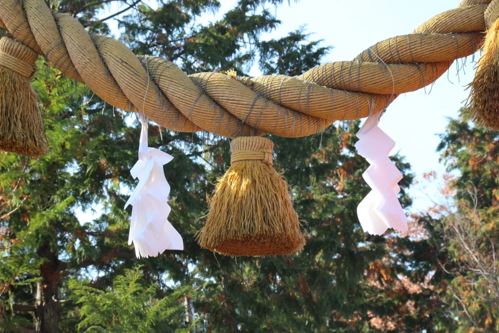 生島足島神社鳥居の太い注連縄と白い紙垂のクローズアップ