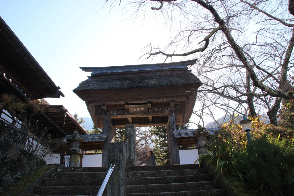 石段のふもとから見上げる前山寺の茅葺き山門と周囲の木々