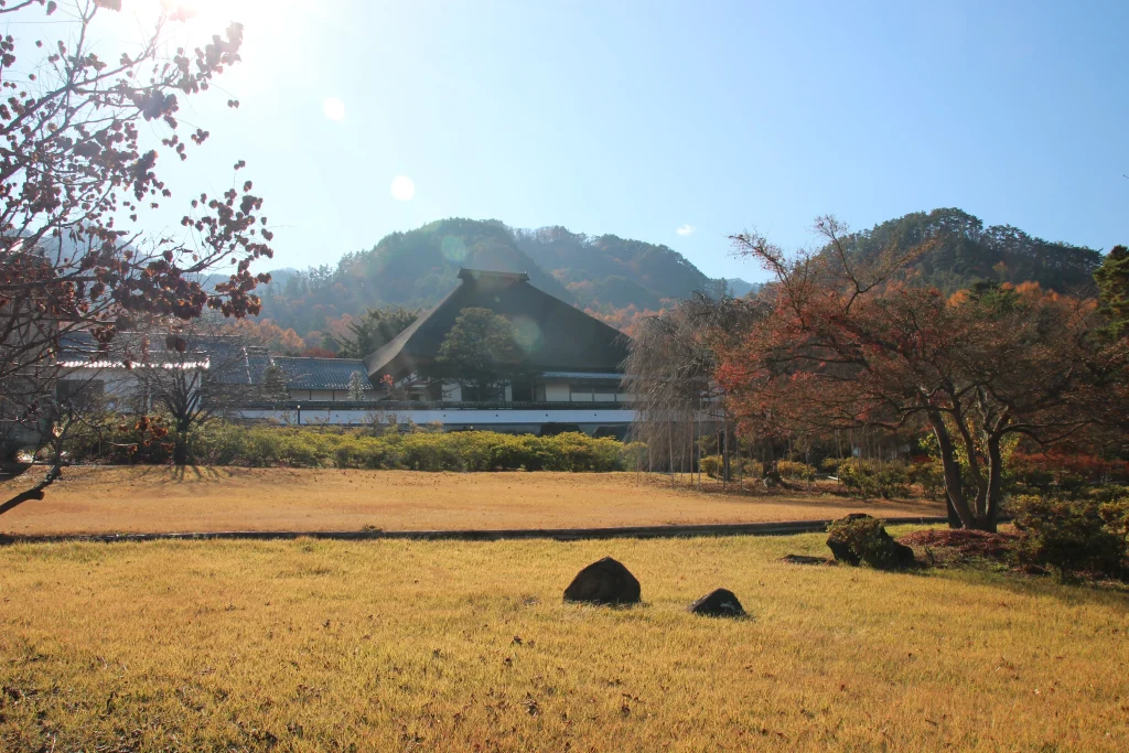 緑豊かな敷地から望む前山寺本堂の茅葺き屋根と広々とした青空
