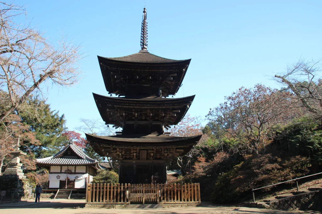 広々とした境内の敷地と木々の中心に佇む前山寺三重塔の広角写真