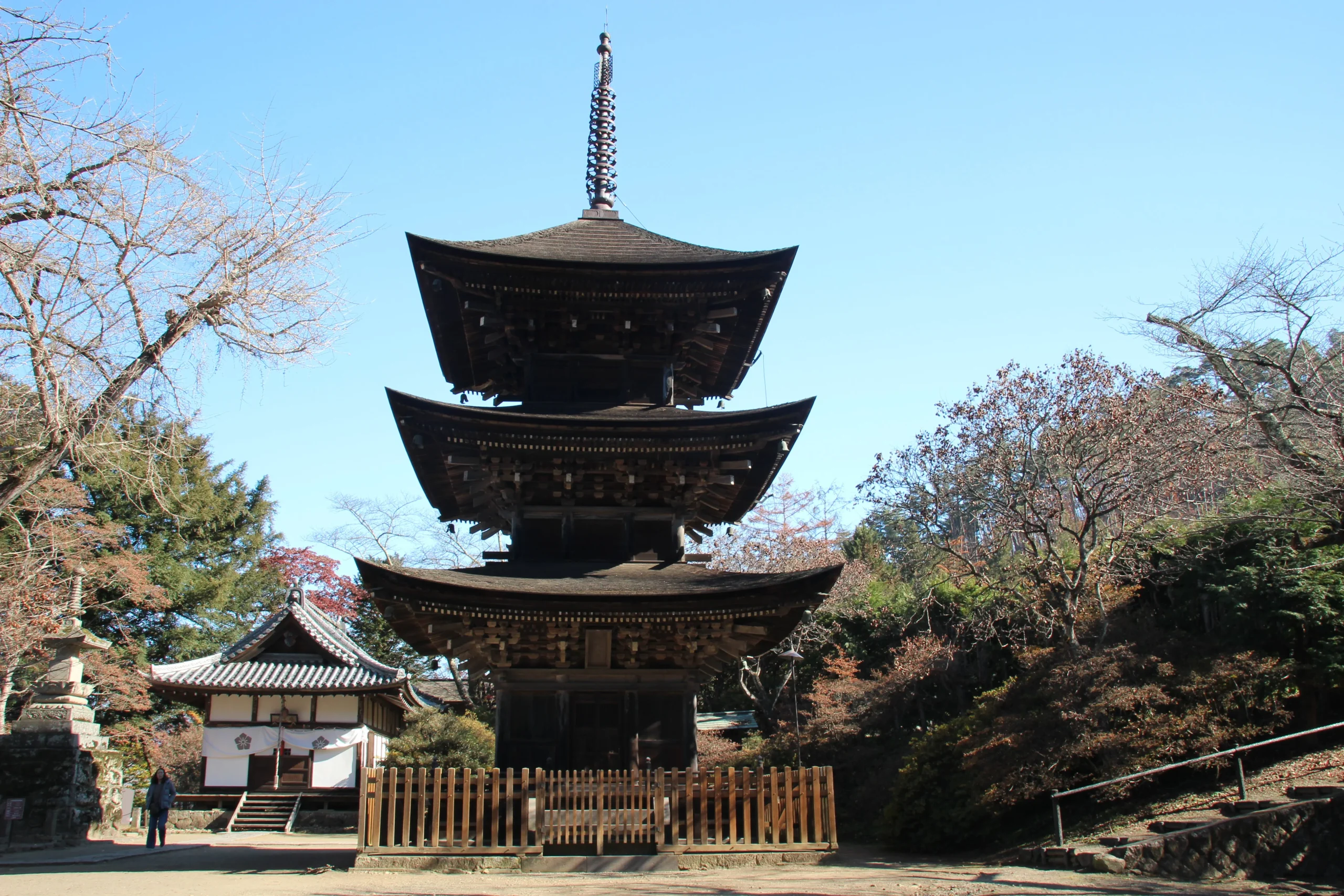 広々とした境内の敷地と木々の中心に佇む前山寺三重塔の広角写真