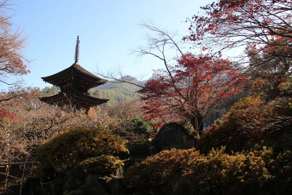 もみじの紅葉と山並みをバックにした前山寺三重塔の情緒ある風景
