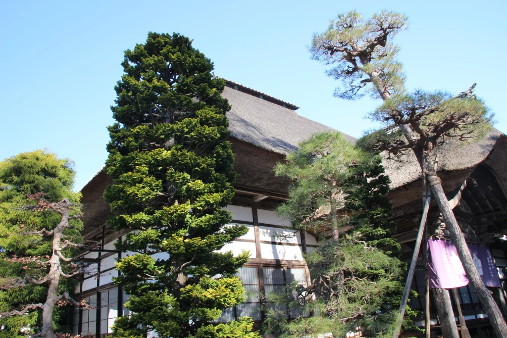 伝統的な日本建築の障子窓と柱が美しく並ぶ本堂側面の意匠