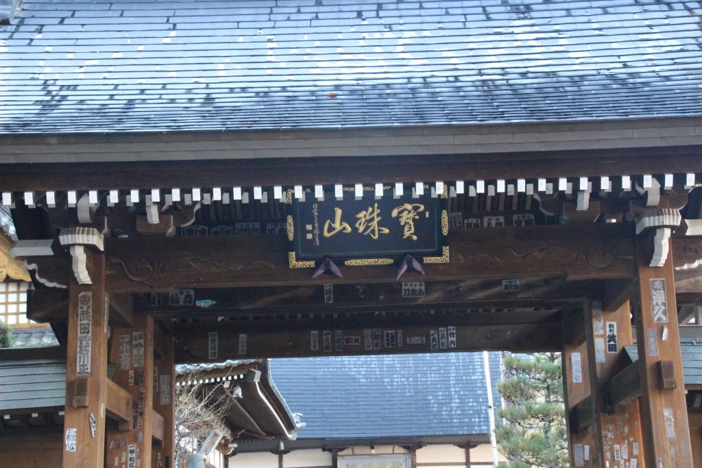 山門(黒門)に掲げられた「寶珠山」と力強く揮毫された木製扁額のズームアップ