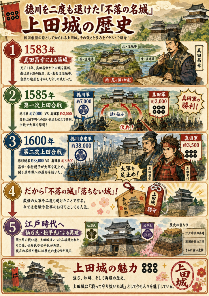 上田城の歴史をイラストで解説したインフォグラフィック。1583年の築城、第一次・第二次上田合戦、不落の城と呼ばれる理由、江戸時代の再建までを時系列で紹介している。
