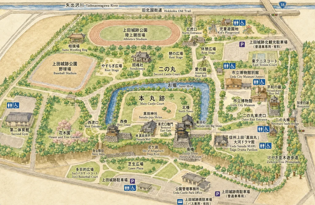 上田城跡公園の城内案内図イラスト。本丸跡(真田神社、櫓門、西櫓、南櫓、北櫓)を中心に、周囲の二の丸、お堀、市立博物館、スポーツ施設の位置関係を描いたマップ。