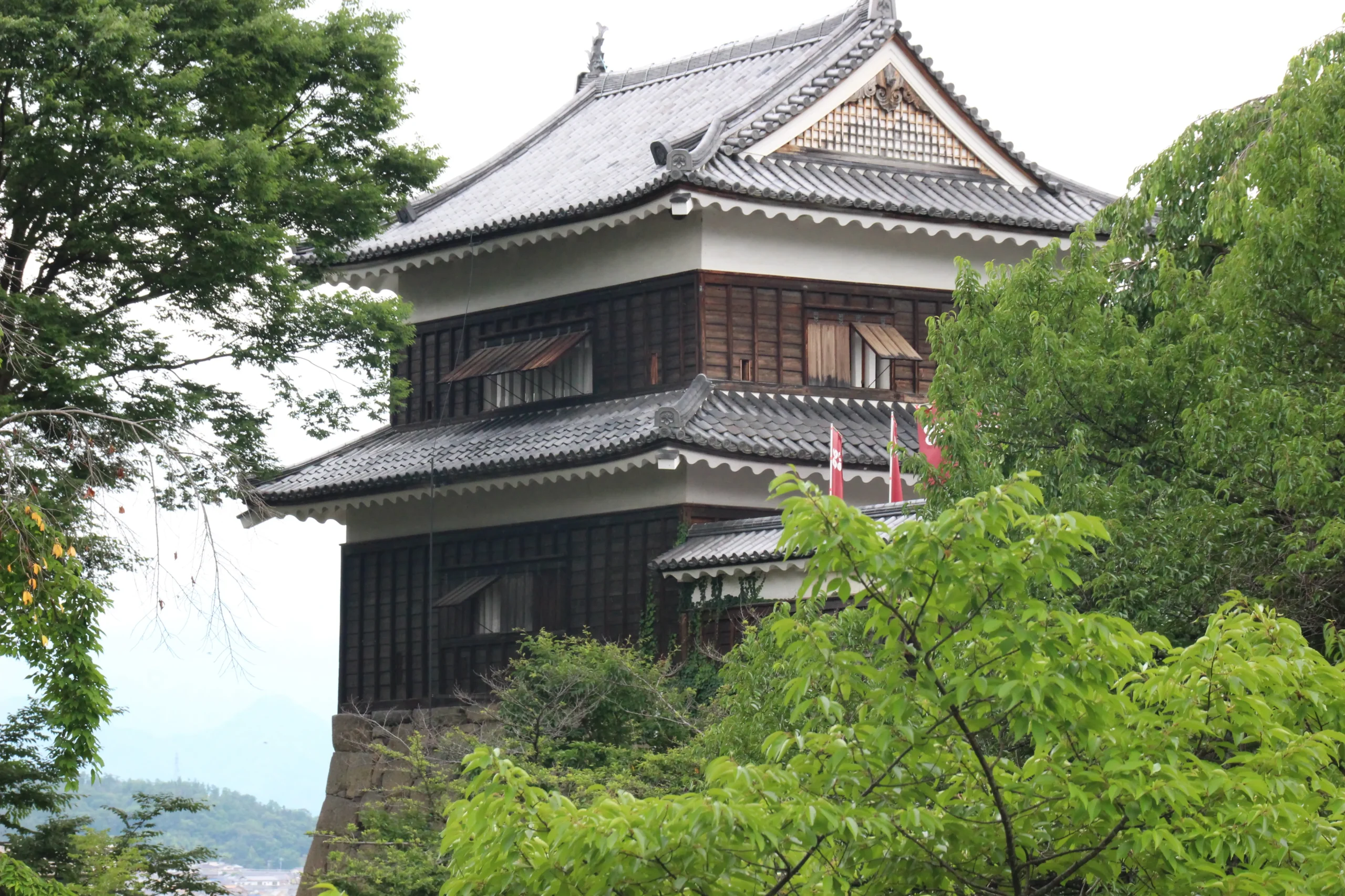 青葉の隙間から風格を漂わせる江戸時代から現存する上田城西櫓