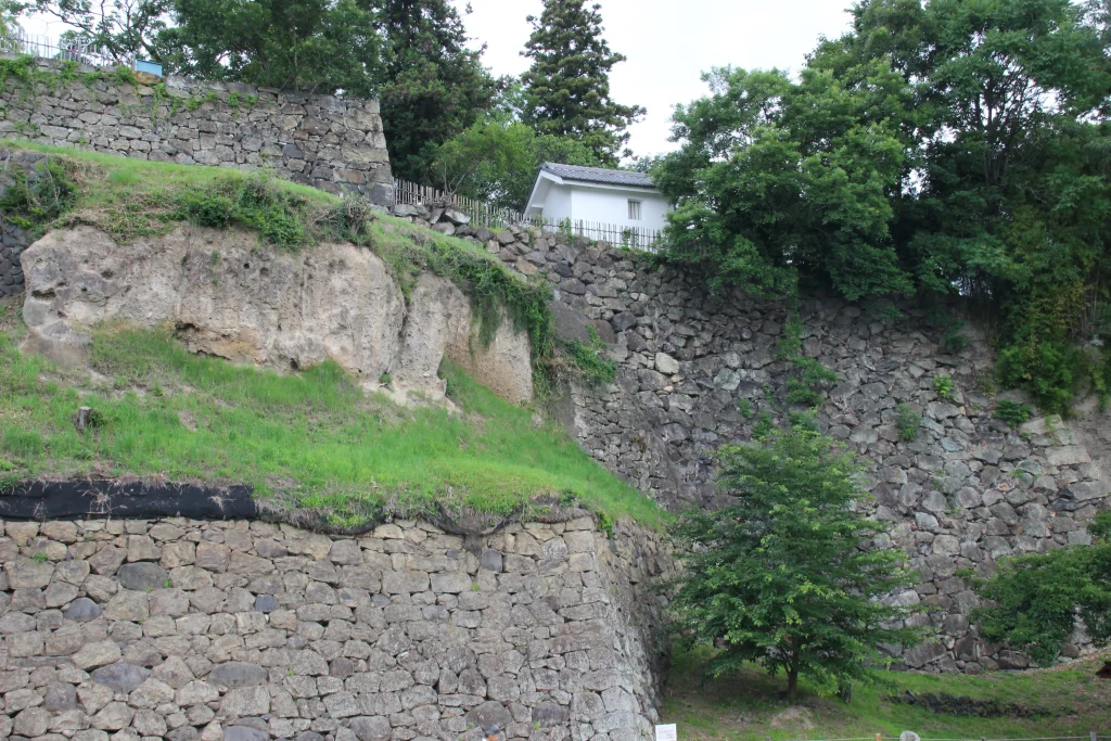 尼ヶ淵の土崖と木々の緑、そして上に顔を覗かせる真田神社境内の末社
