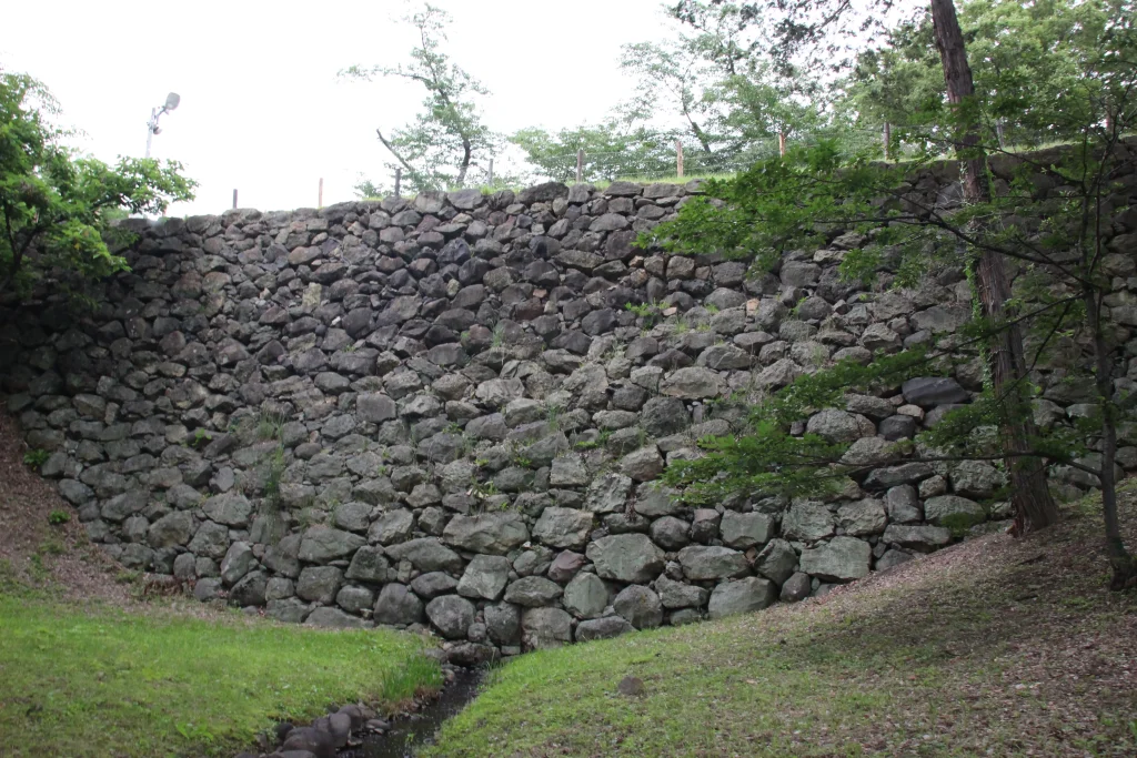急斜面に積まれた頑丈な野面積みの石垣と生い茂る周囲の樹木