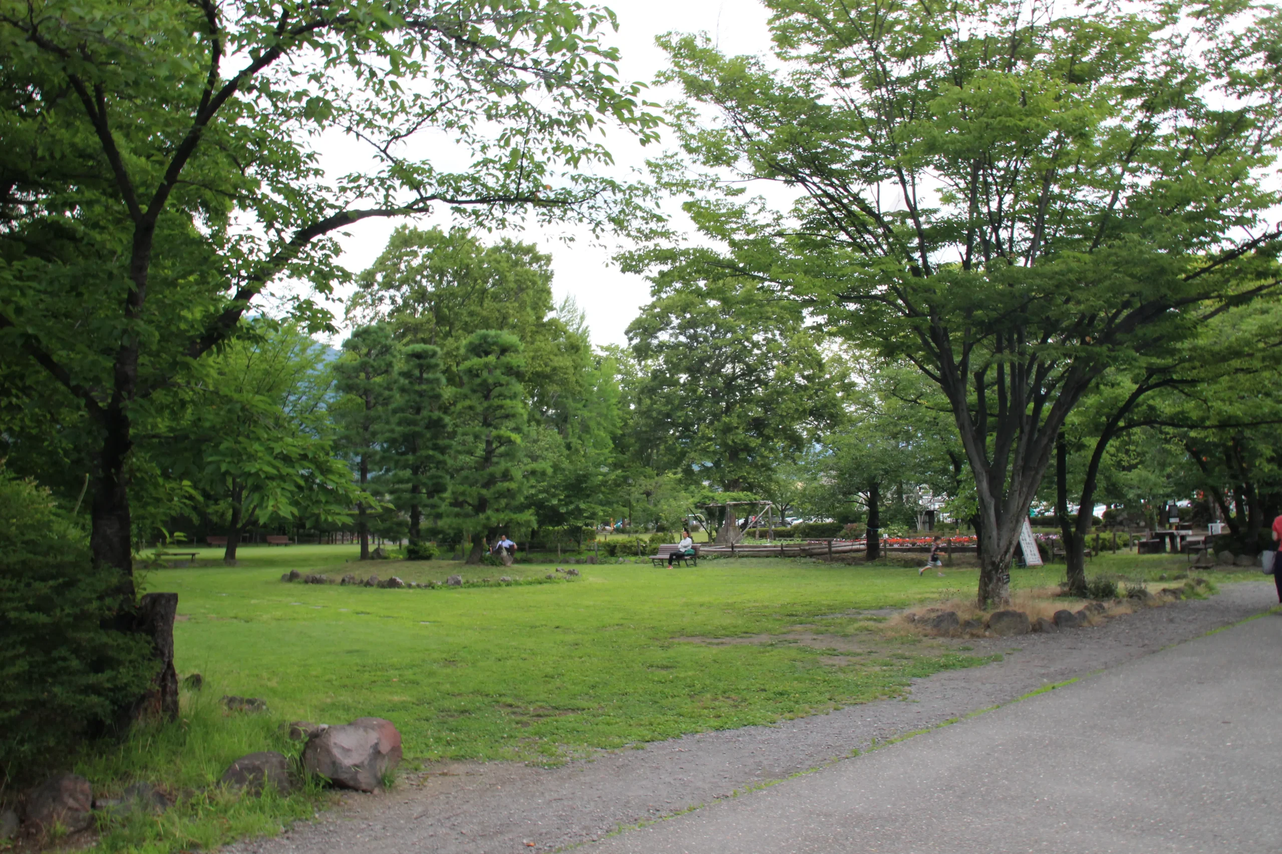 広大な緑の芝生と美しいケヤキや桜の巨木に囲まれた上田城跡公園の憩いの広場