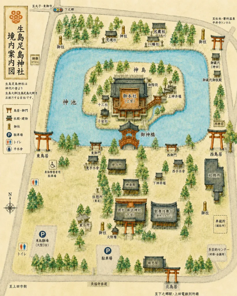 生島足島神社の境内案内図|神池に浮かぶ神島・御本社・御神橋・参拝ルートを描いた手描き風水彩イラストマップ