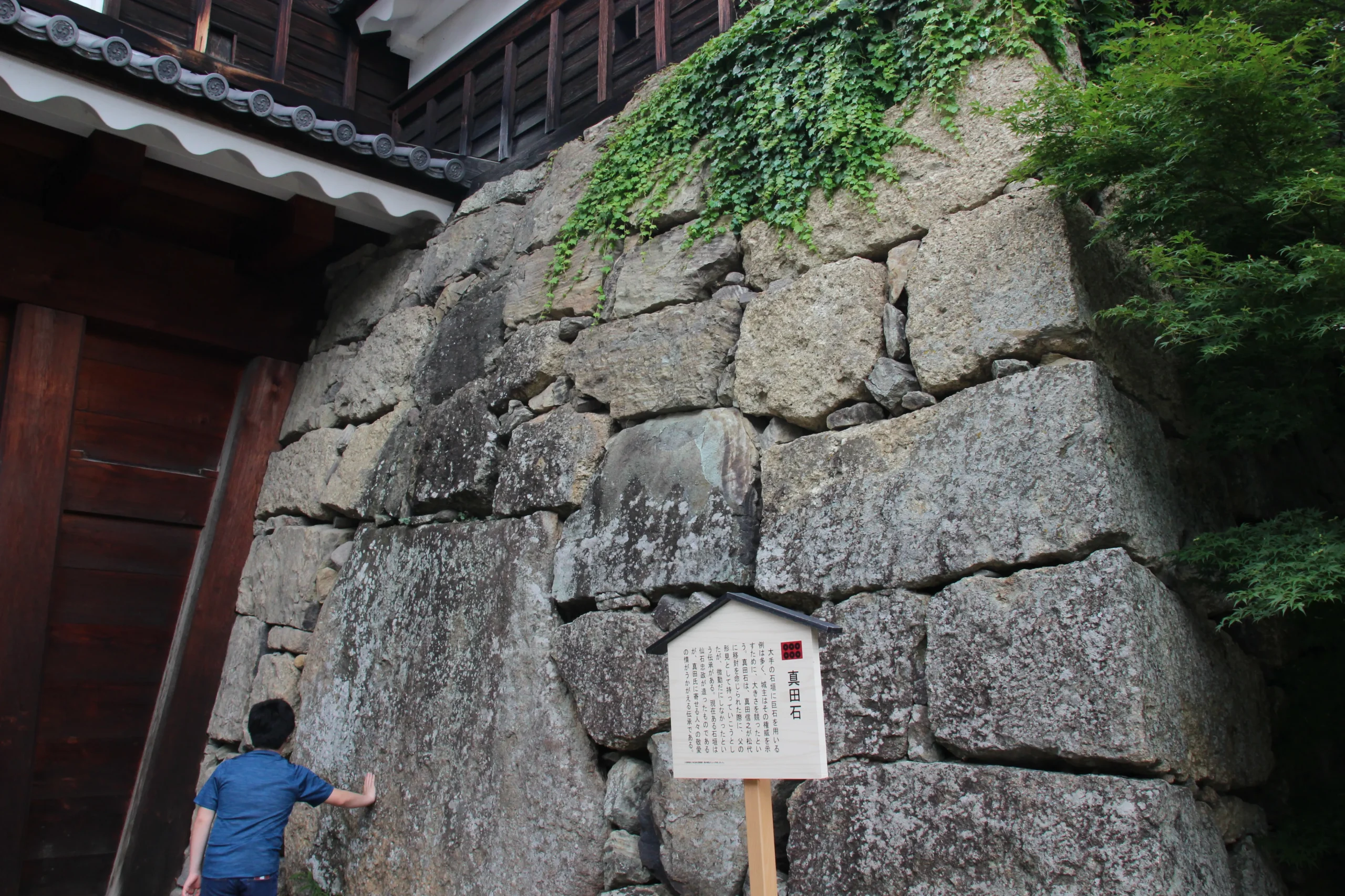 東虎口櫓門の石垣に埋め込まれた巨大な「真田石」と前に立つ人物の対比