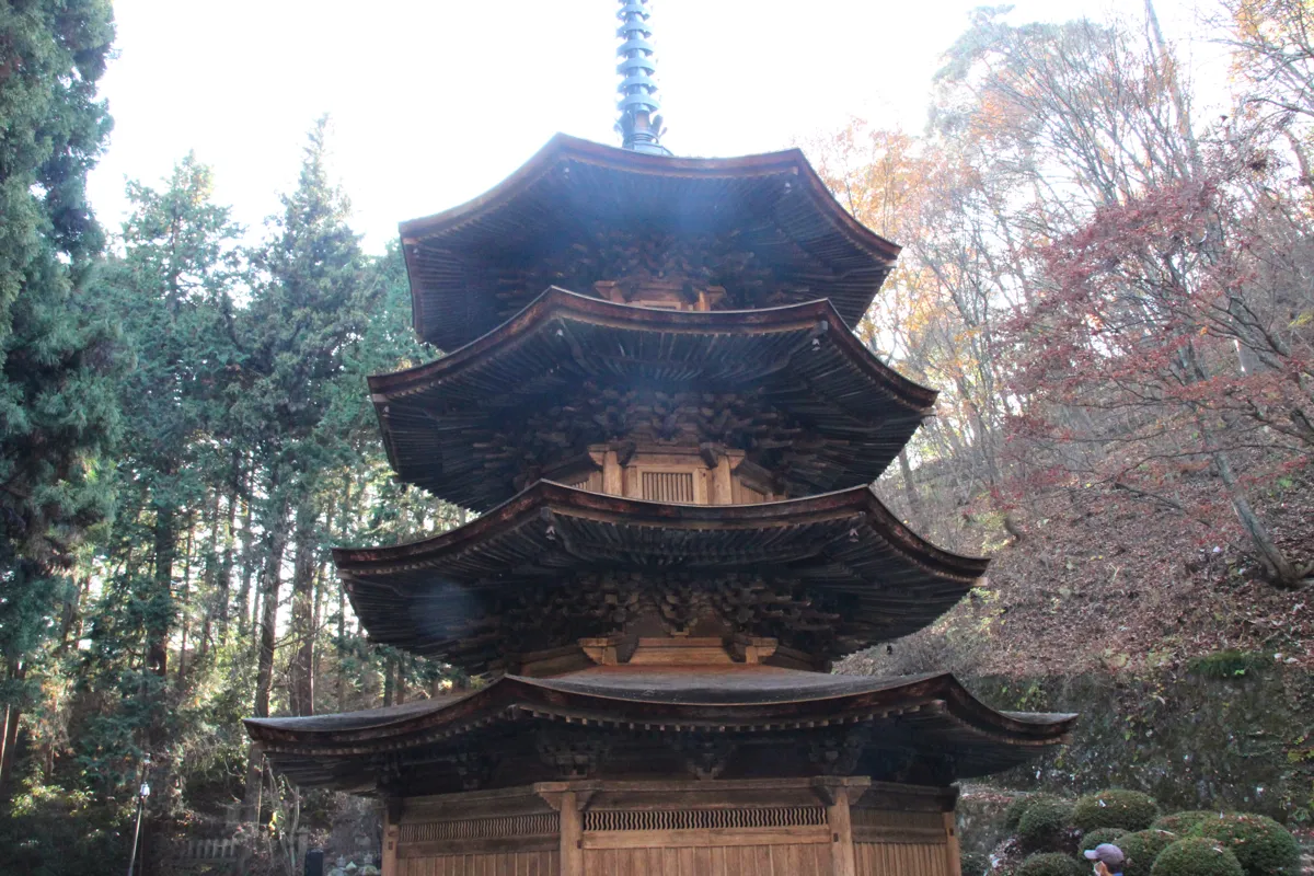 紅葉の山林に囲まれた安楽寺八角三重塔の美しい正面全景