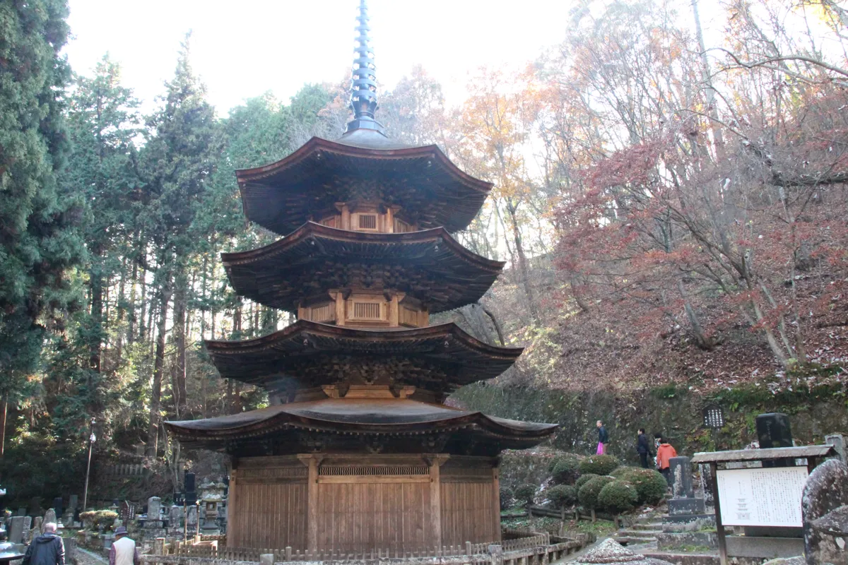 広角気味に捉えた安楽寺の八角三重塔の美しい佇まい