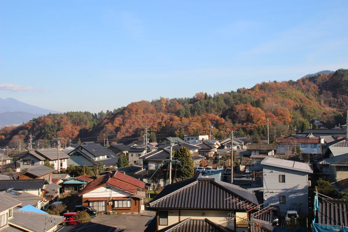 別所温泉の高台から眼下に見下ろす、密集する別所温泉街の屋根と背後に迫る急峻な山