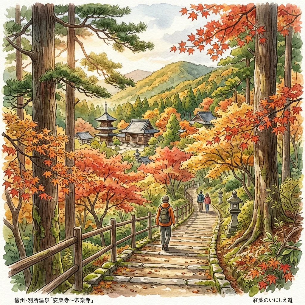 別所温泉の安楽寺と常楽寺を結ぶ歴史ある遊歩道と、静かな松林・紅葉に包まれた別所温泉遊歩道展望台のイメージイラスト
