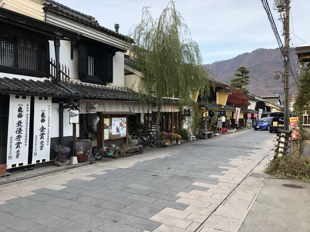 柳町通りにある江戸時代創業の老舗酒蔵「岡崎酒造」の白壁と格子戸が美しい風格ある木造の店舗正面