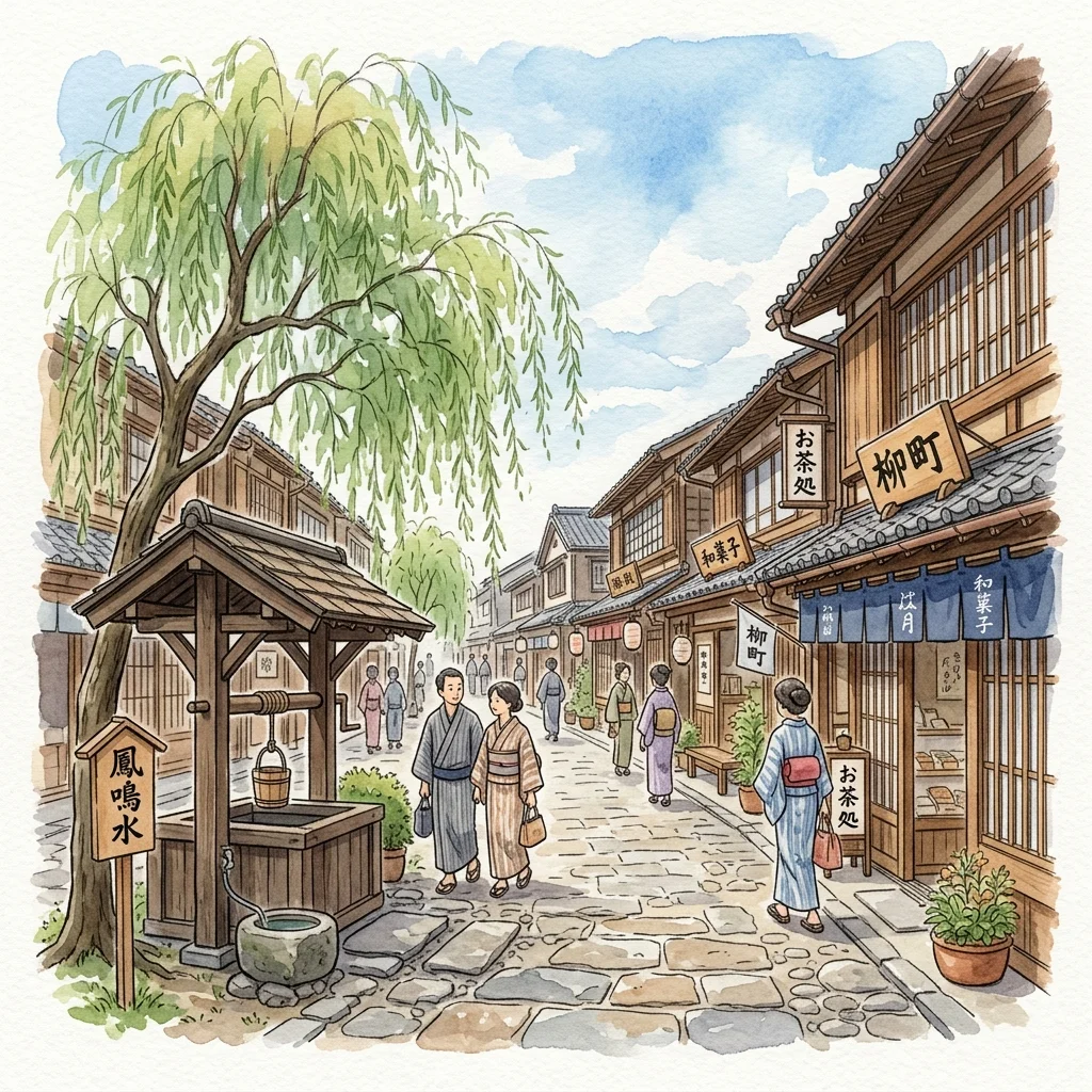 江戸時代、善光寺参りの旅人や参勤交代の大名で賑わう北国街道・上田宿（柳町）の石畳の街並みを描いた歴史イメージイラスト