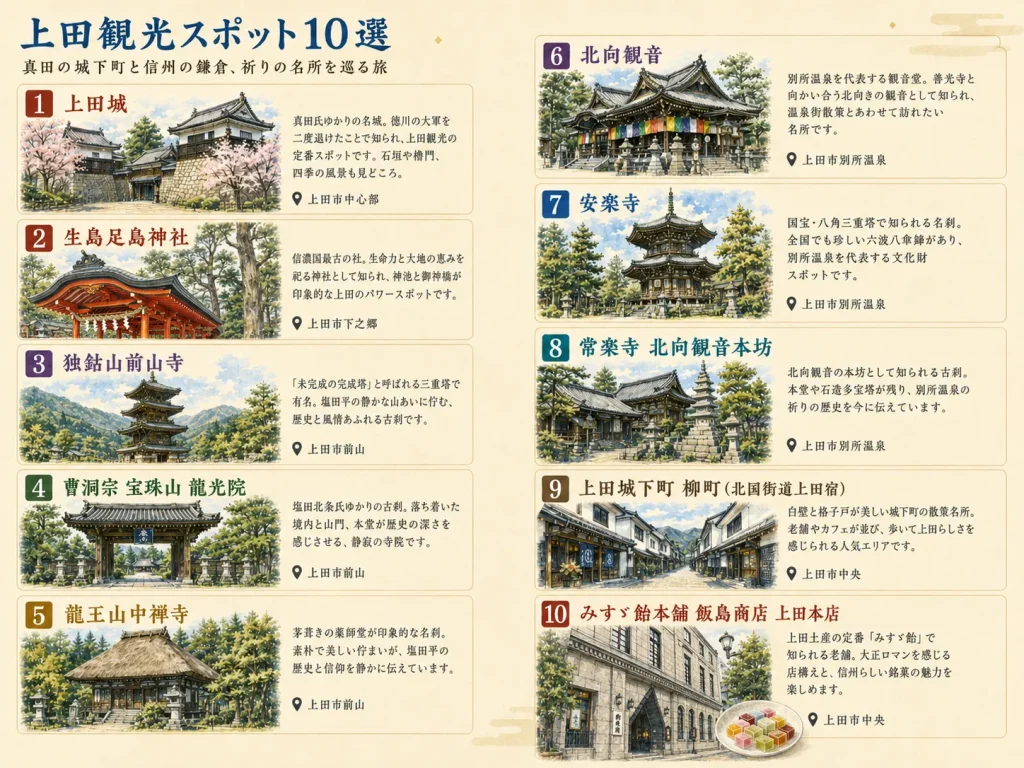 上田観光スポット10選（上田城、生島足島神社、塩田平の古刹、北向観音、柳町など）のイラストと各名所の見どころ・特徴をまとめた解説一覧画像