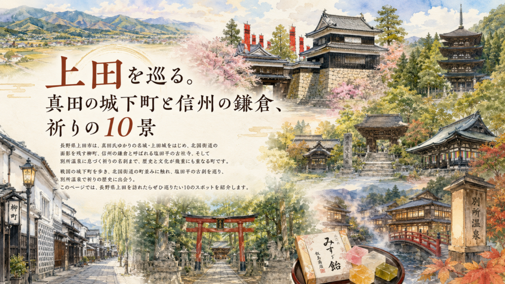 長野県上田市の観光名所を描いた水彩風イラスト。上田城、柳町、生島足島神社、前山寺、安楽寺、北向観音、別所温泉、みすゞ飴など、真田の城下町と信州の鎌倉・塩田平を巡る旅を表現。
