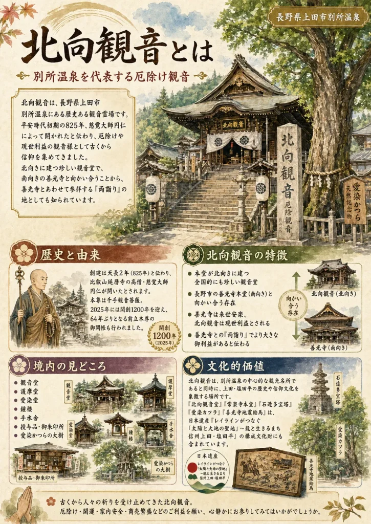 長野県上田市別所温泉の北向観音を紹介する水彩イラスト。北向きの観音堂、愛染かつら、護摩堂、愛染堂、鐘楼、善光寺との両詣り、825年創建の歴史をわかりやすく解説。