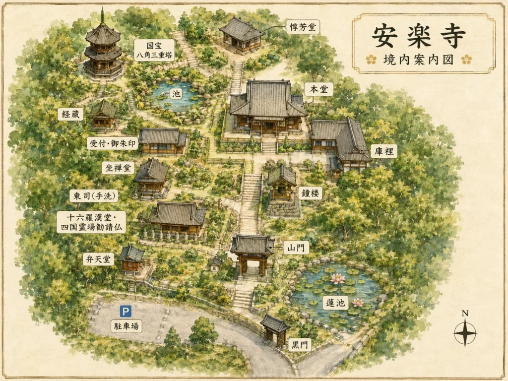 長野県上田市別所温泉の安楽寺境内案内図。国宝八角三重塔、本堂、山門、黒門、蓮池、鐘楼などを描いた手描き風水彩イラストマップ。