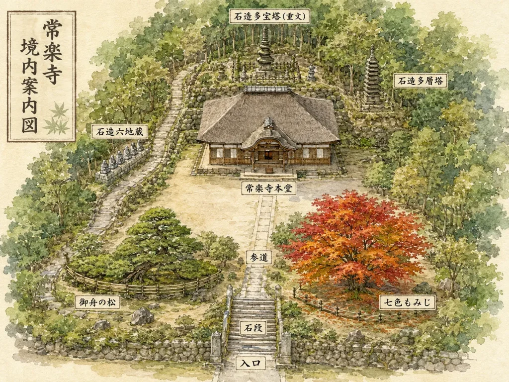 長野県上田市別所温泉の常楽寺境内を描いた手描き風水彩イラスト案内図。本堂、石造多宝塔、石造多層塔、石造六地蔵、御舟の松、七色もみじの位置を示した観光マップ。
