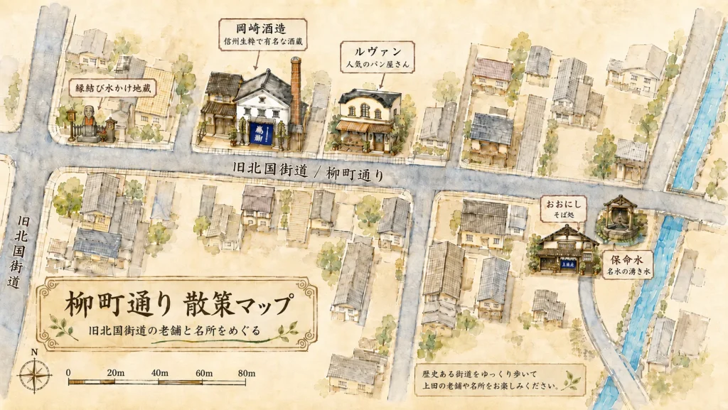 長野県上田市の旧北国街道・柳町通りを描いた手描き風水彩イラストマップ。保命水、縁結び水かけ地蔵、岡崎酒造、ルヴァン、おおにしなどの名所や老舗の位置を紹介。